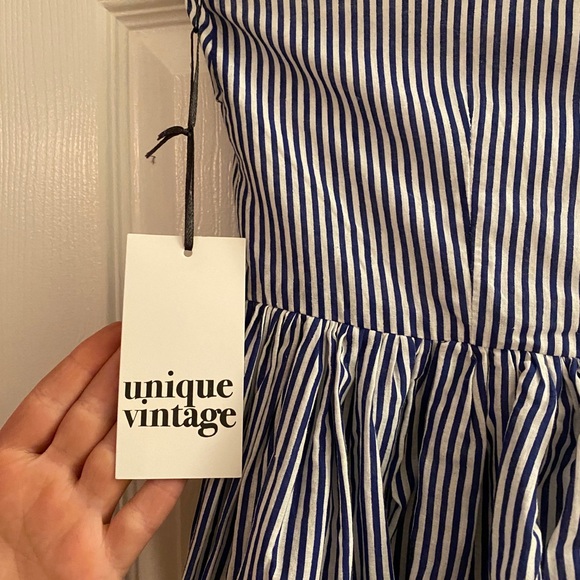 Unique Vintage Blue and White Striped Halter Dress with Embroidered Eyelet Trim - Picture 9 of 13